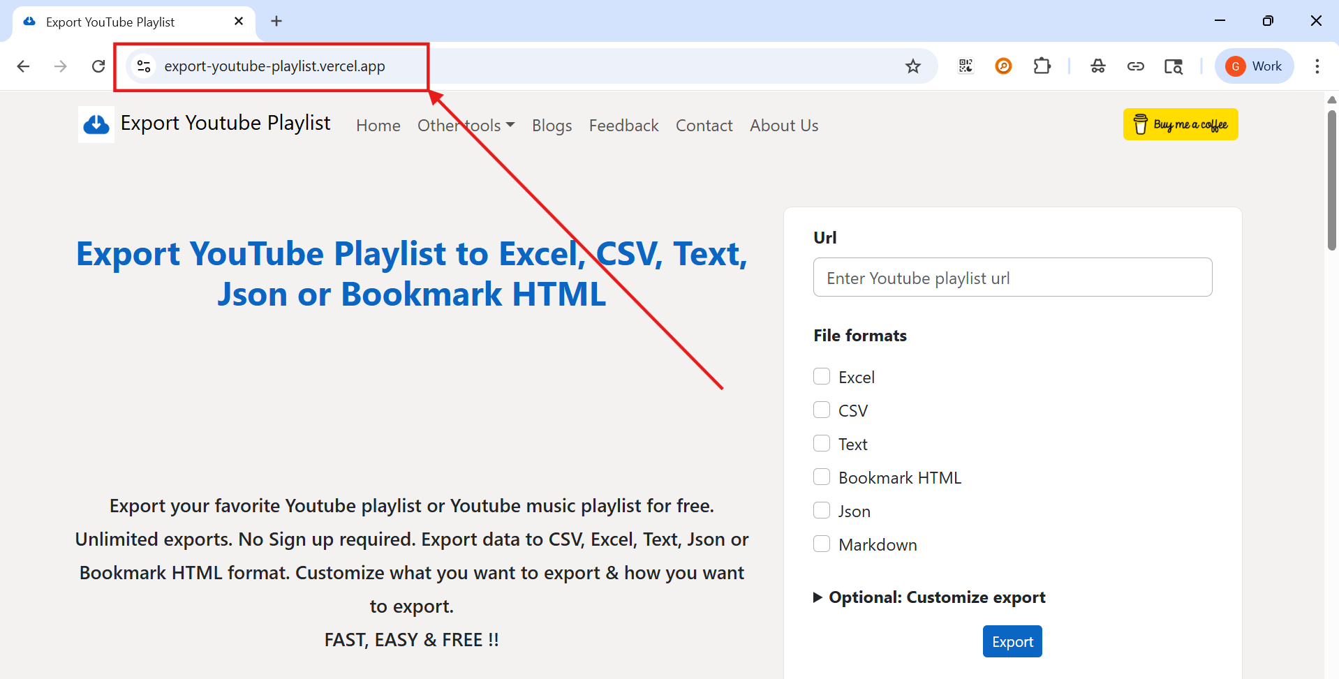 YouTube Playlist Export tool homepage in browser
