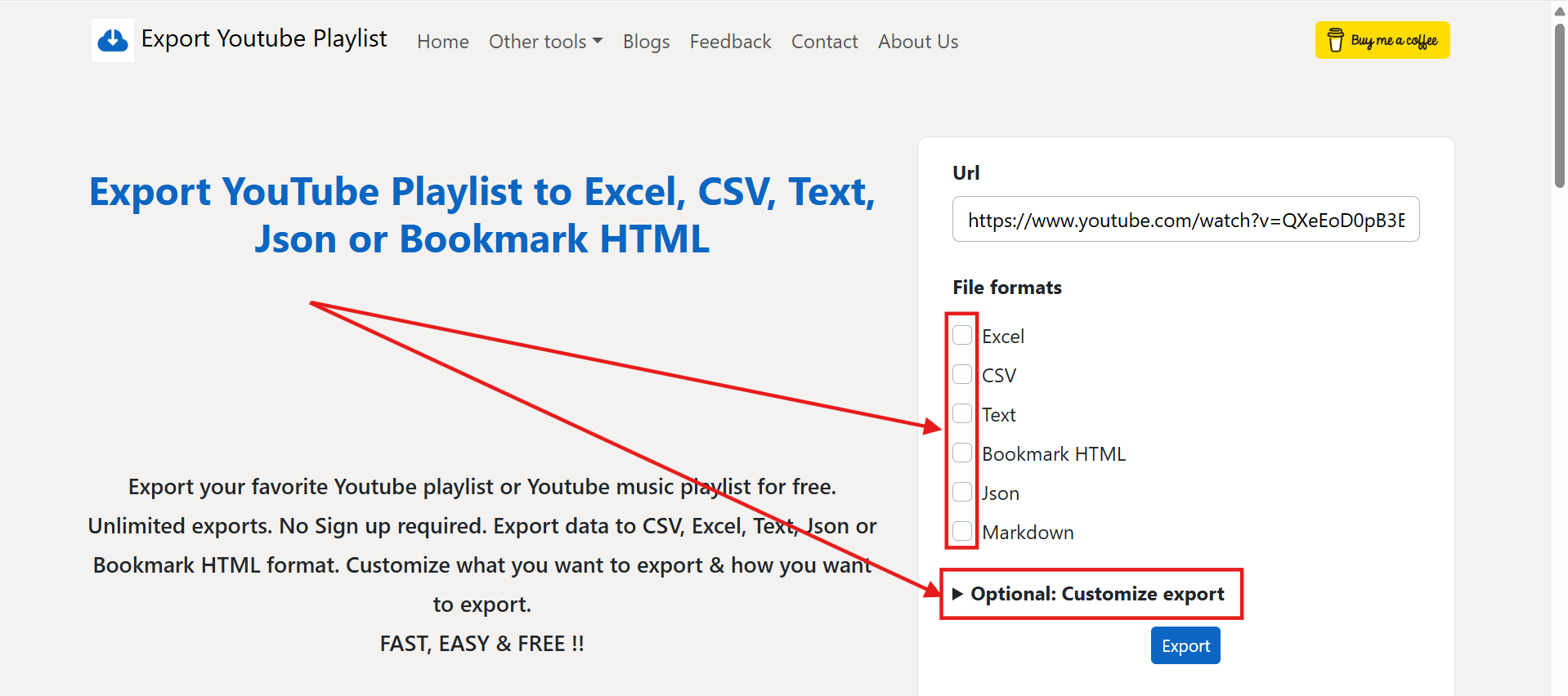 Selecting multiple file formats for YouTube playlist export