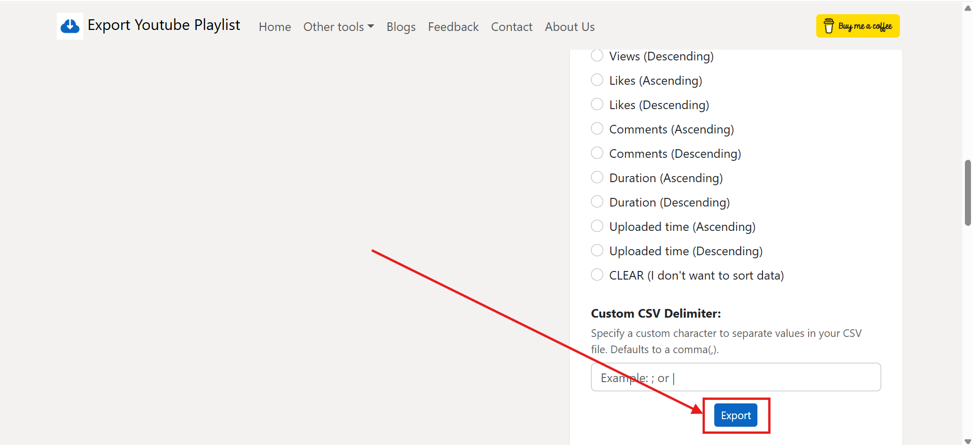 Clicking the export button to download YouTube playlist data