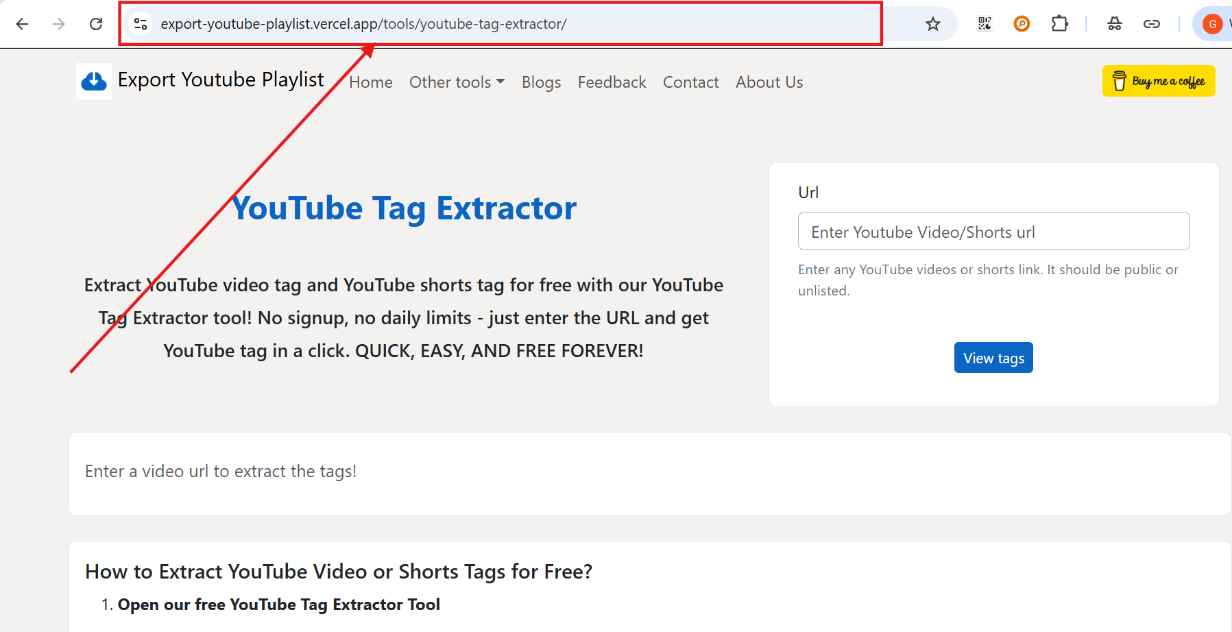 Screenshot of the YouTube Tag Extractor tool homepage - showing the URL input field and View Tags button