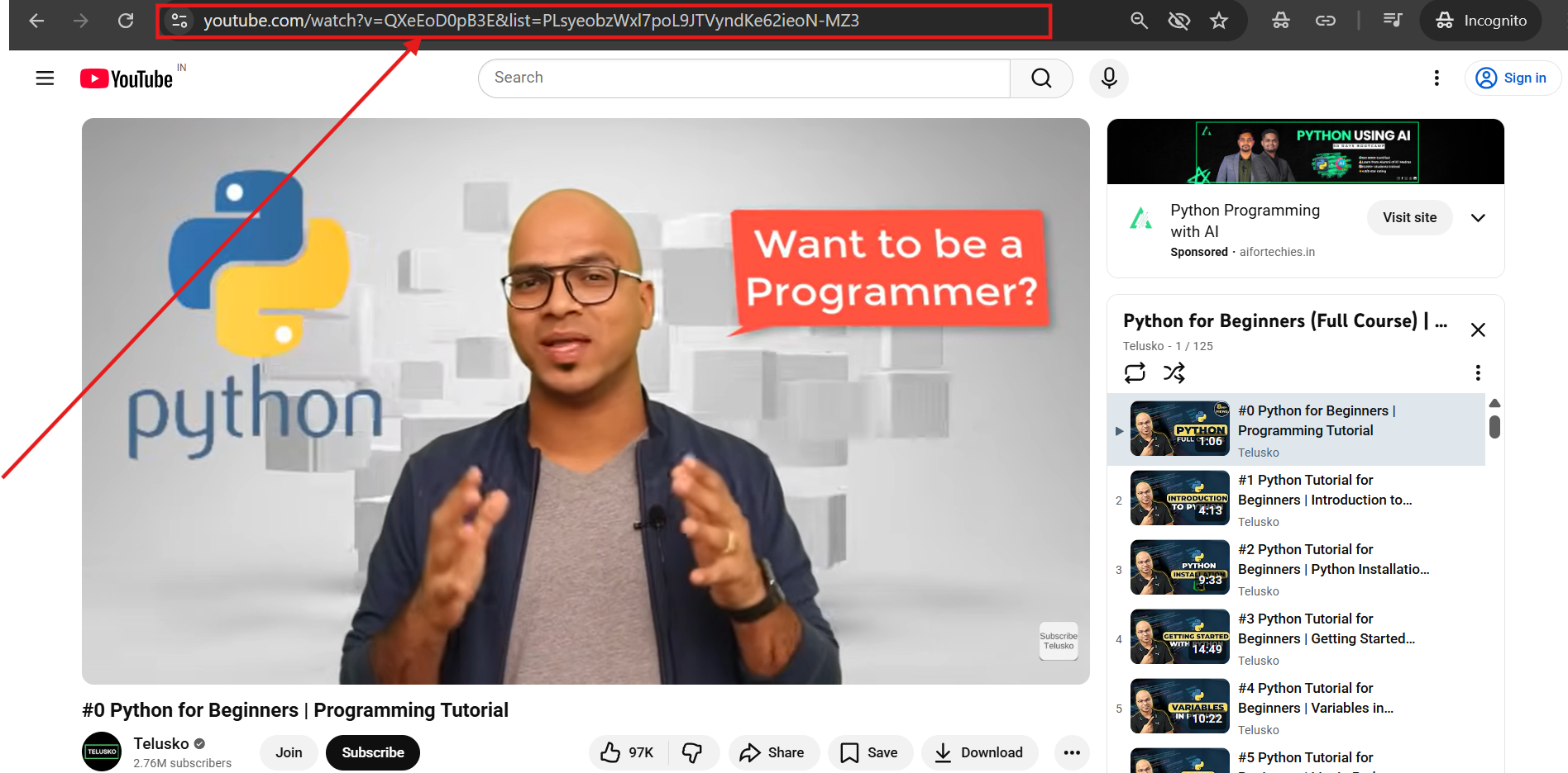 Screenshot of a YouTube video page showing the URL in the browser address bar to copy for tag extraction