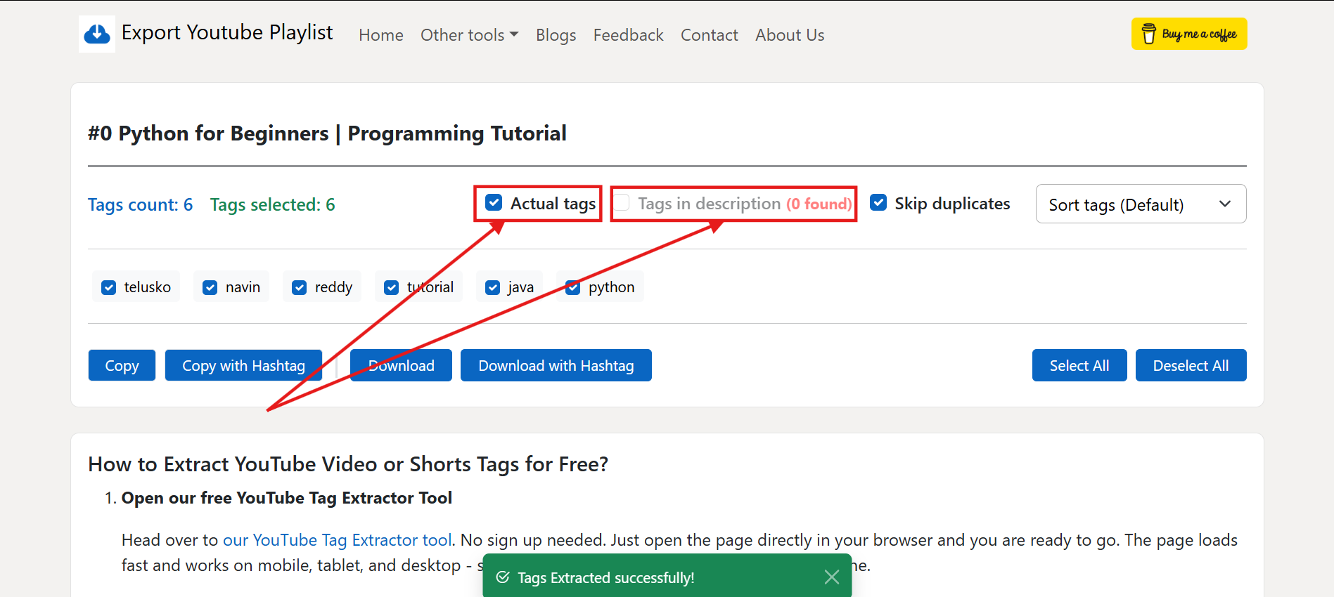 Screenshot of the tag results showing Actual tags in light grey and Tags in description in dark grey, with toggle checkboxes visible