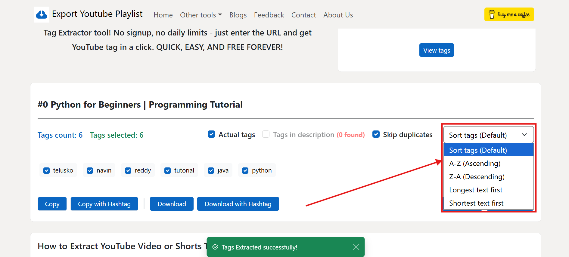 Screenshot of the Sort dropdown in the YouTube Tag Extractor showing options like A-Z, Z-A, Longest First and Shortest First