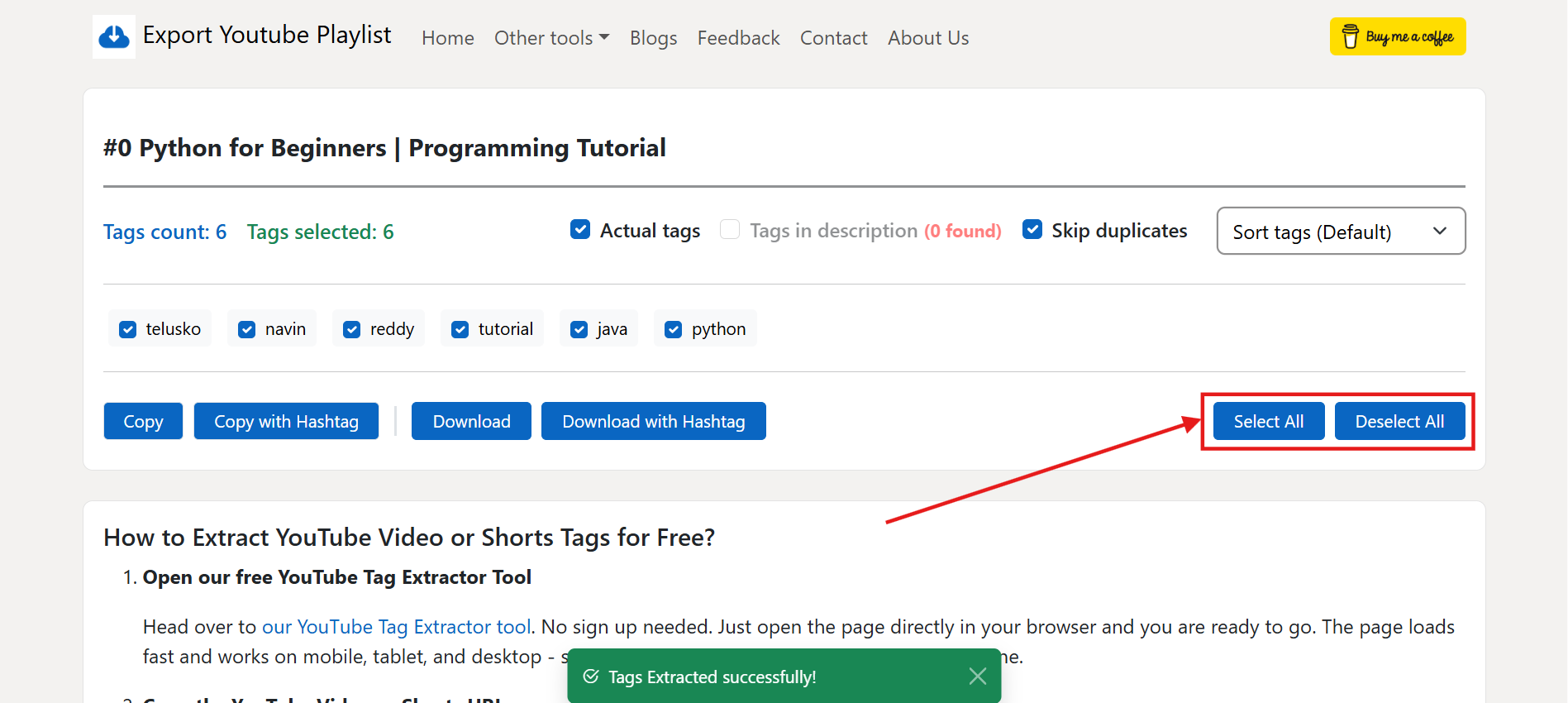 Screenshot showing Select All and Deselect All buttons with individual tag checkboxes selected in the YouTube Tag Extractor