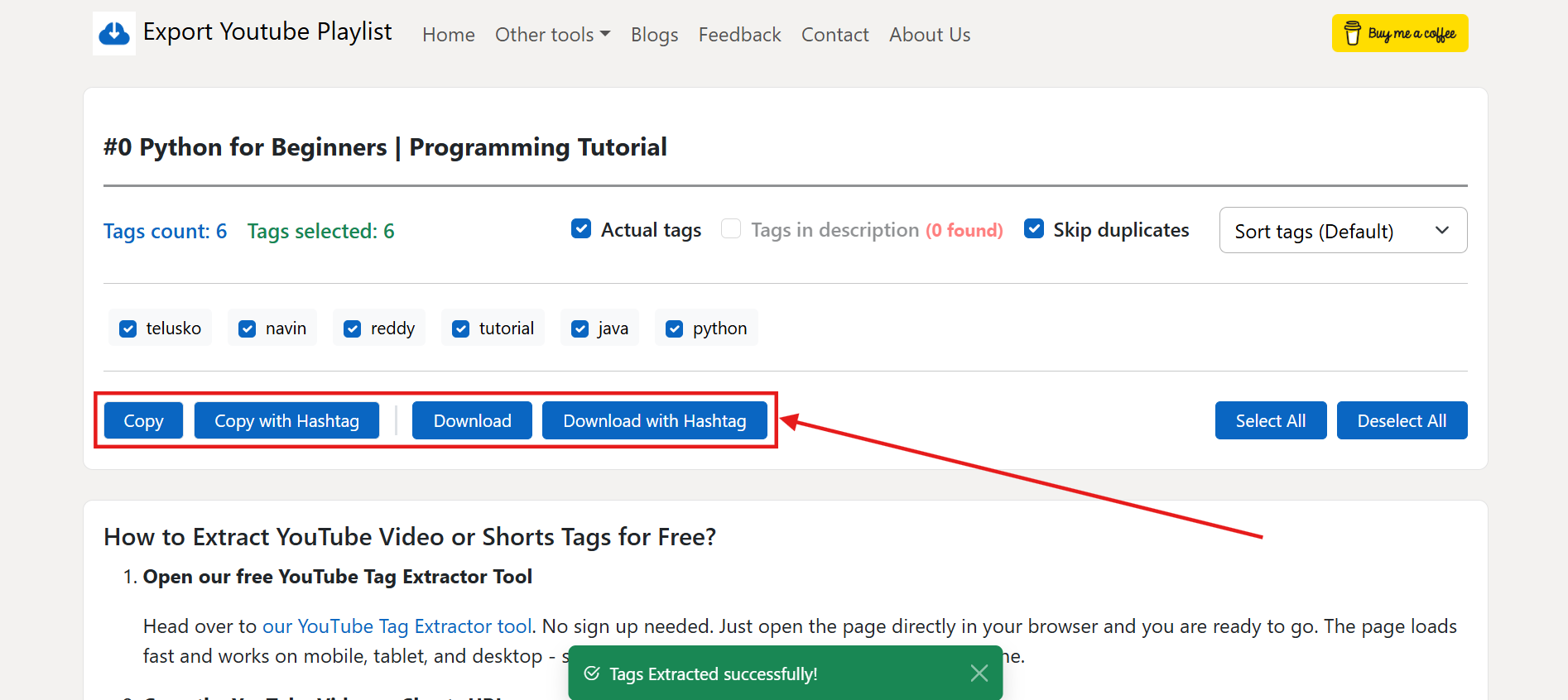 Screenshot of the Copy, Copy with Hashtag, Download and Download with Hashtag action buttons in the YouTube Tag Extractor tool